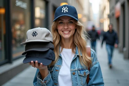 Jeune femme avec casquettes tendance 2025 en ville
