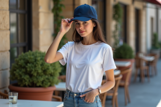 Jeune femme en ville essayant une casquette navy