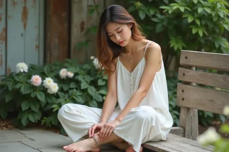 Jeune femme en robe blanche ajuste une anklet en argent dans un jardin