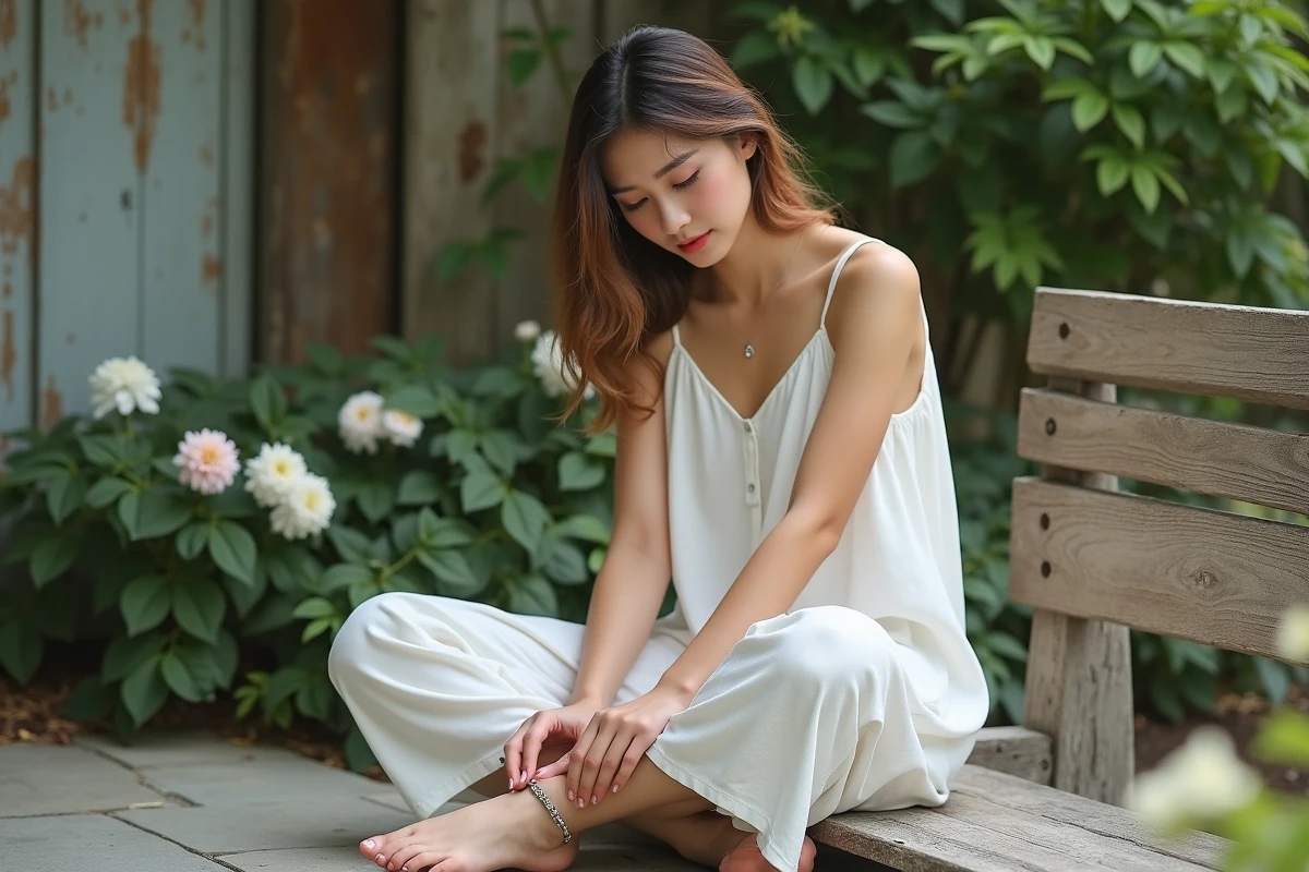 Jeune femme en robe blanche ajuste une anklet en argent dans un jardin