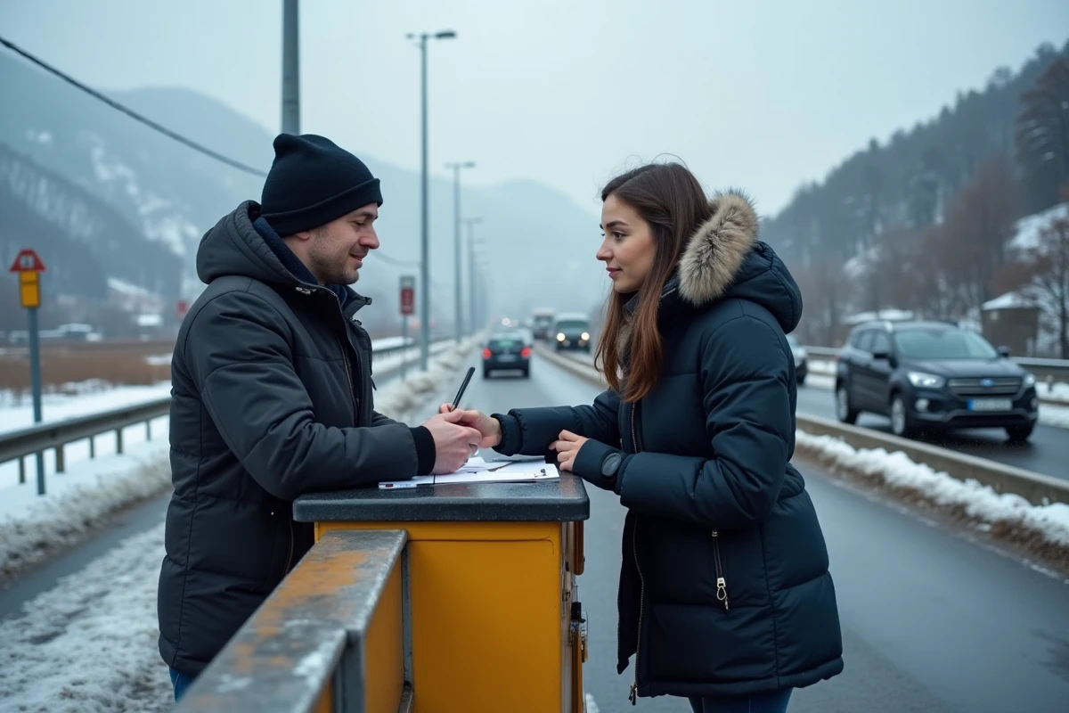 Jeune femme en parka noire échange des documents avec un agent à la frontière