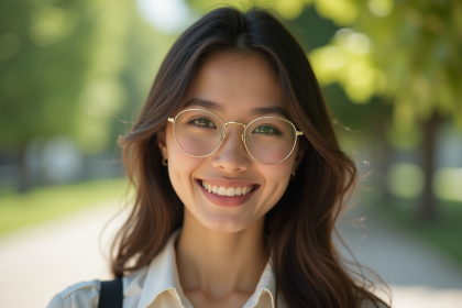 Jeune femme élégante avec lunettes rondes en extérieur