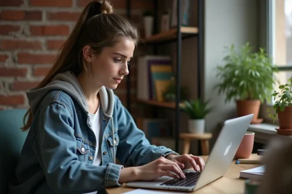 Jeune femme en hoodie travaillant sur un ordinateur dans un appartement