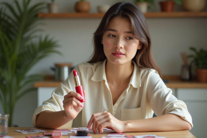 Jeune femme examine un rouge à lèvres rouge avec concentration