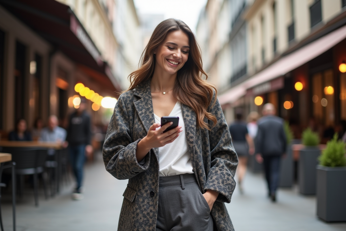 Jeune femme en streetwear dans une ville animée