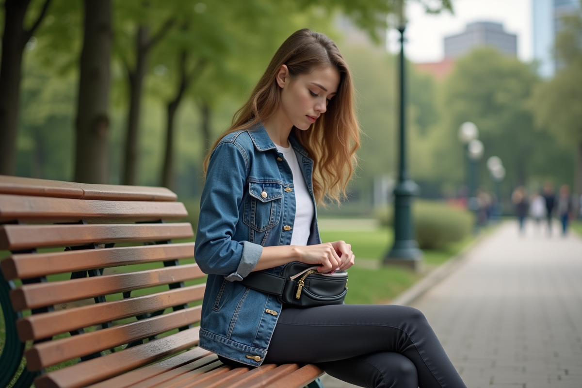 Jeune femme organisant son sac à la mode urbaine