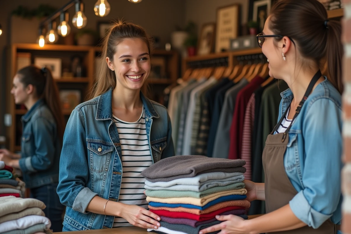 Jeune femme souriante échangeant des vêtements vintage dans une boutique à Strasbourg