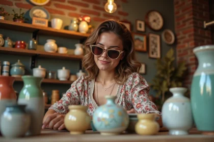 Jeune femme vintage d&eacute;couvrant des c&eacute;ramiques dans une boutique chaleureuse