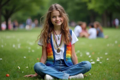 Jeune fille en jeans flare et gilet crochet&eacute;e dans un parc