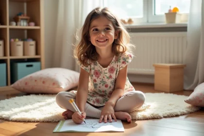 Jeune fille de 6 ans souriante en robe florale dans une salle de jeux lumineuse