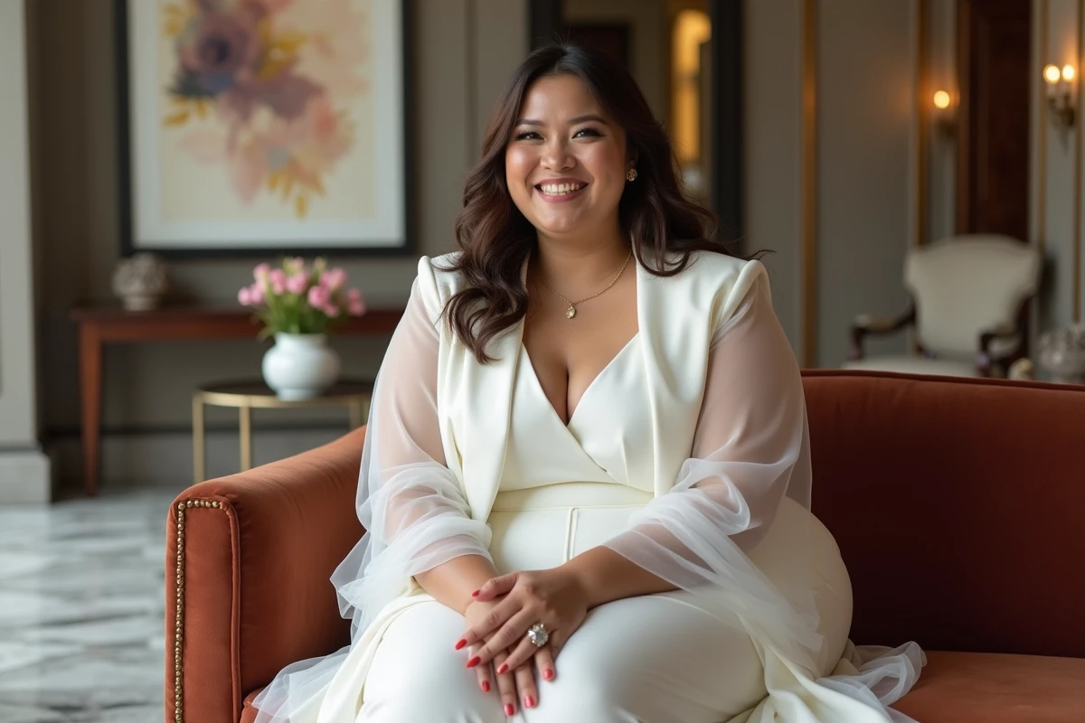 Jeune mariée en combinaison blanche dans un salon moderne