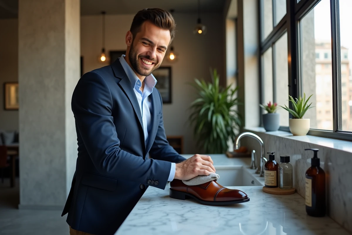 Jeune homme souriant nettoyant une chaussure en cuir
