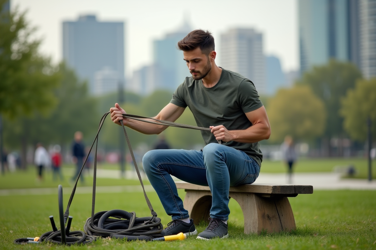 Jeune homme testant la durabilite des bandes elastiques en plein air
