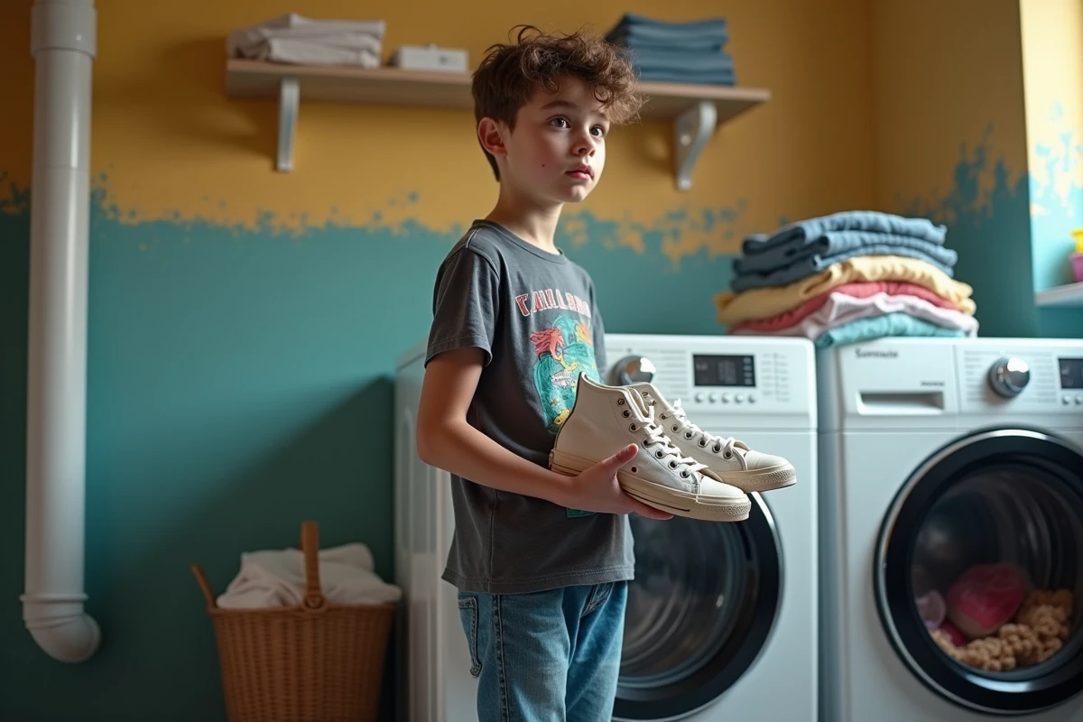 Adolescent avec baskets blanches et linge color&eacute;
