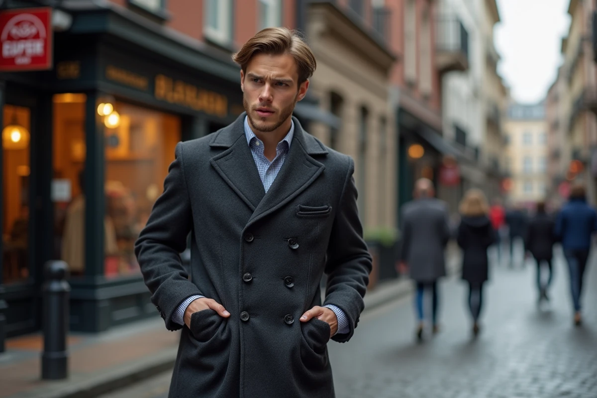 Jeune homme regardant son manteau en ville