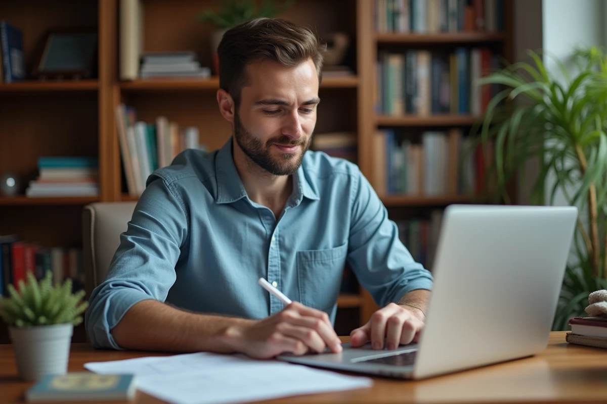 Jeune homme prend ses mesures avec un ordinateur portable dans un bureau