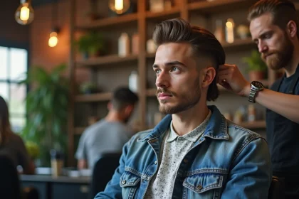 Jeune homme avec moderne mullet dans un barbershop tendance
