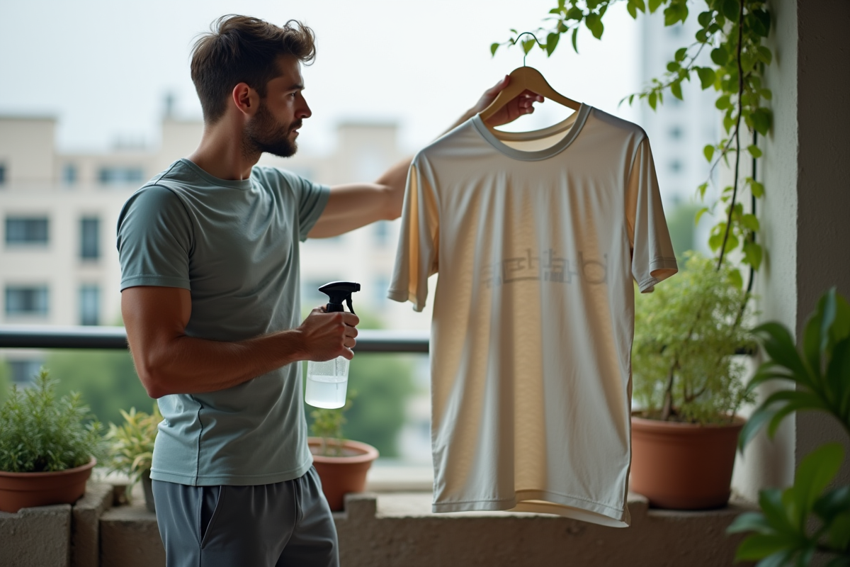 Jeune homme vaporisant une solution sur un t-shirt de sport en extérieur