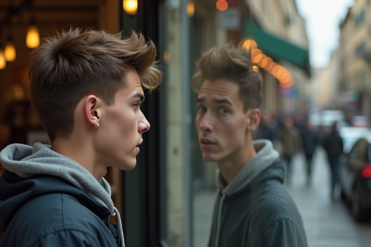 Jeune homme regardant sa coupe de cheveux dans une vitrine