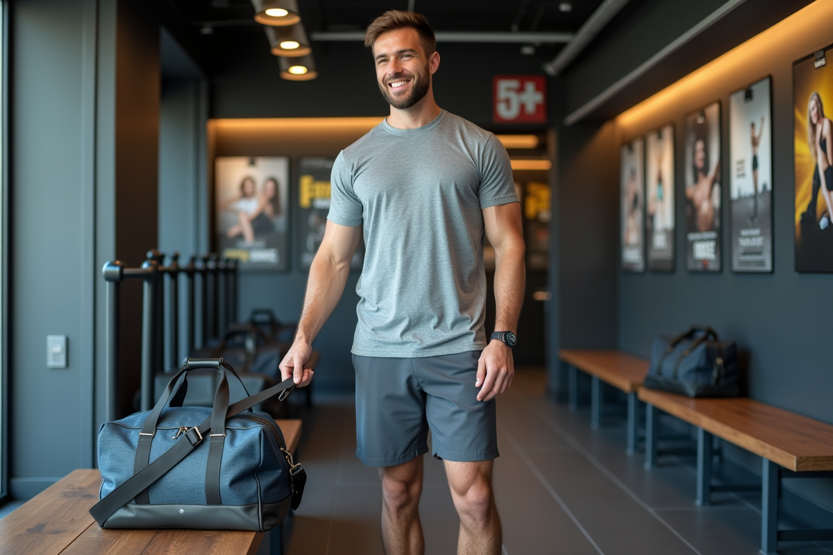 Jeune homme avec sacs de sport devant un club de fitness