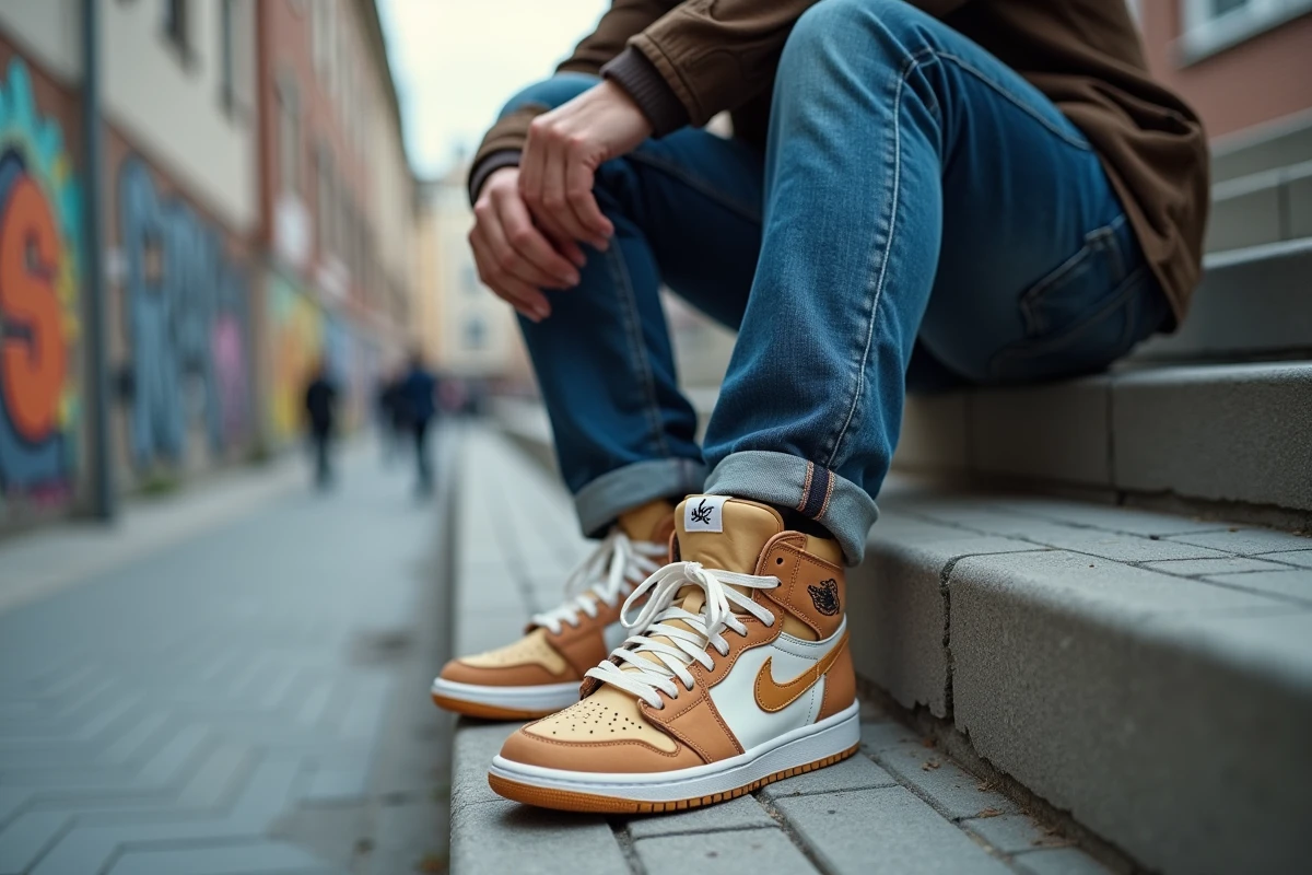 Jeune homme en streetwear avec sneakers logo basketball