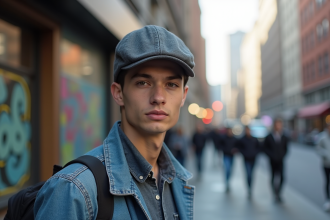 Jeune homme en veste en denim et casquette urbaine