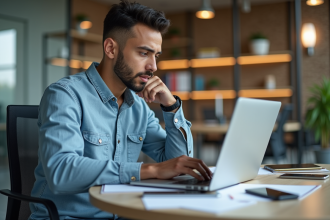 Jeune gestionnaire social media concentré sur son ordinateur dans un bureau moderne