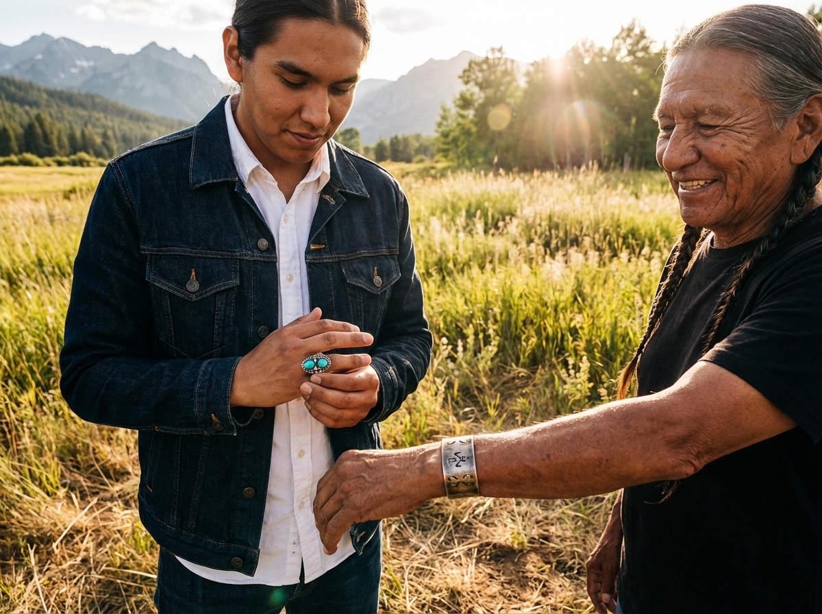 Jeune homme amérindien ajustant une bague turquoise avec son grand-pere