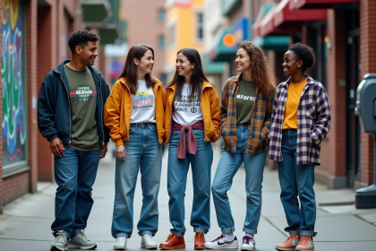 Groupe de jeunes adultes en streetwear 90s dans la rue