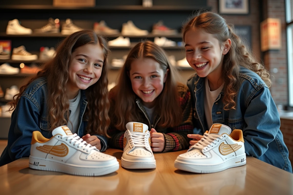 Groupe d adolescents découvrant sneakers vintage en boutique