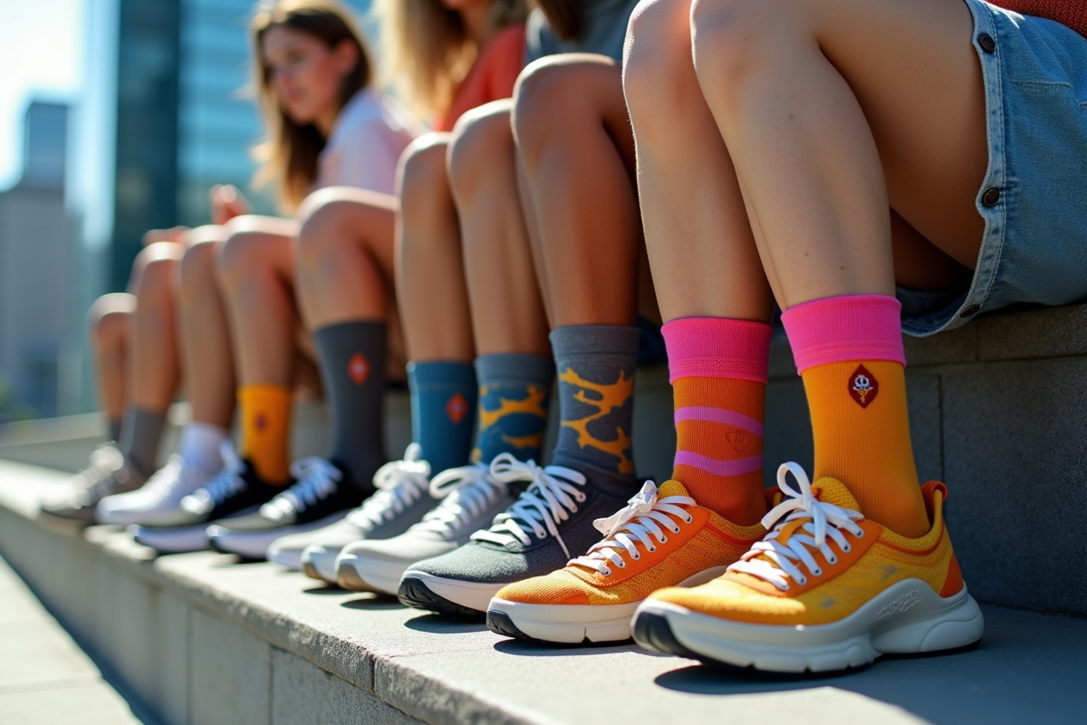 Groupe de jeunes adultes en chaussettes colorées dans un décor urbain