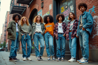 Groupe de jeunes adultes en streetwear 90s devant un mur graffite