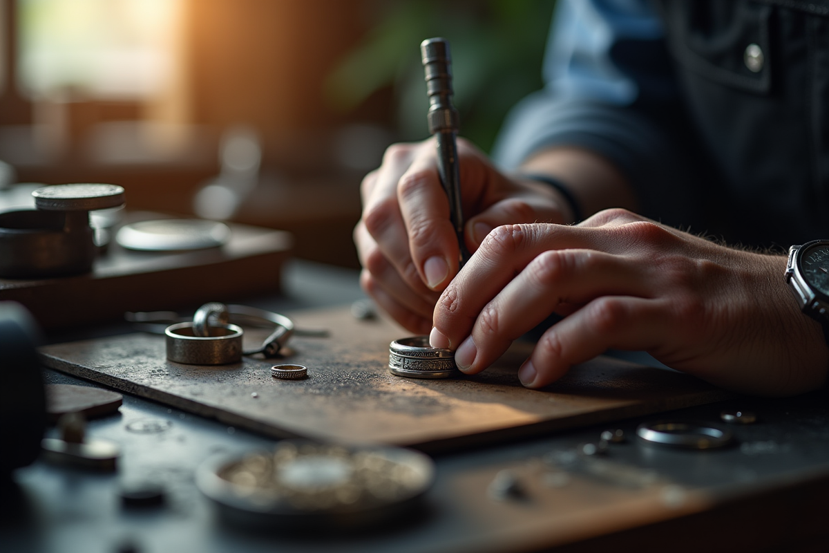 Artisan ajustant une bague en argent avec outils