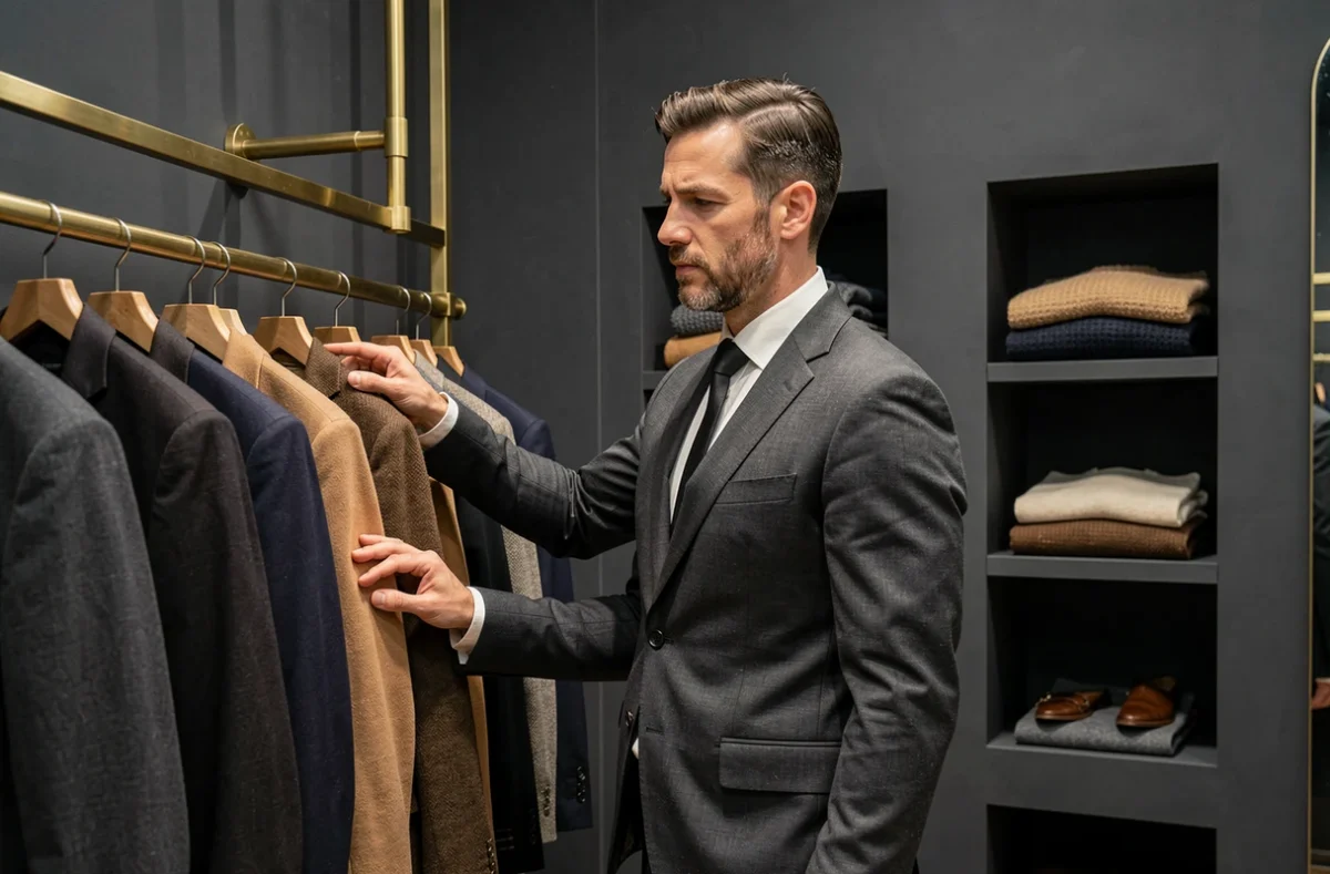 Un homme élégant en costume de luxe explore les vêtements haut de gamme de la boutique Keitel à Lille