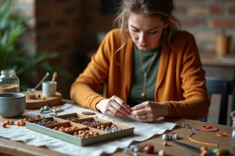 Femme assemblant un bracelet fantaisie avec un kit de perles colorées sur une table en bois transformée en atelier bijoux maison
