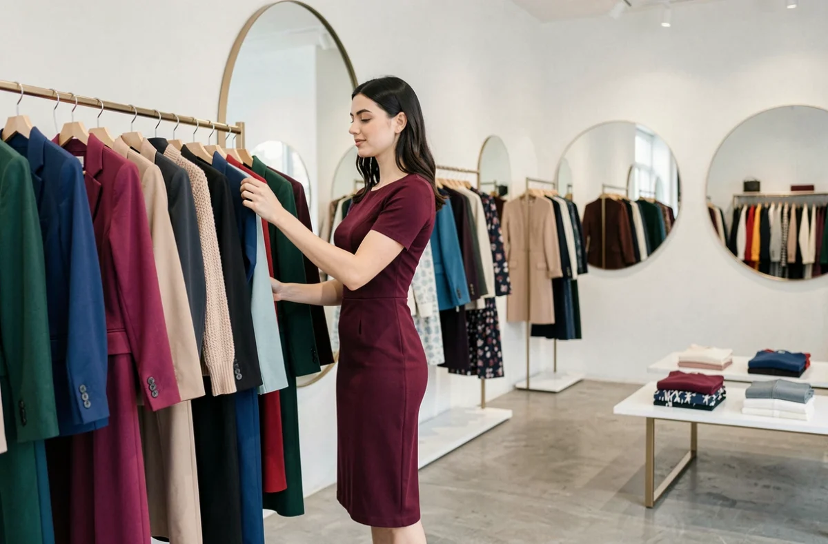 Intérieur de la boutique Kookaï avec des vêtements féminins colorés sur des portants dans un espace moderne et épuré