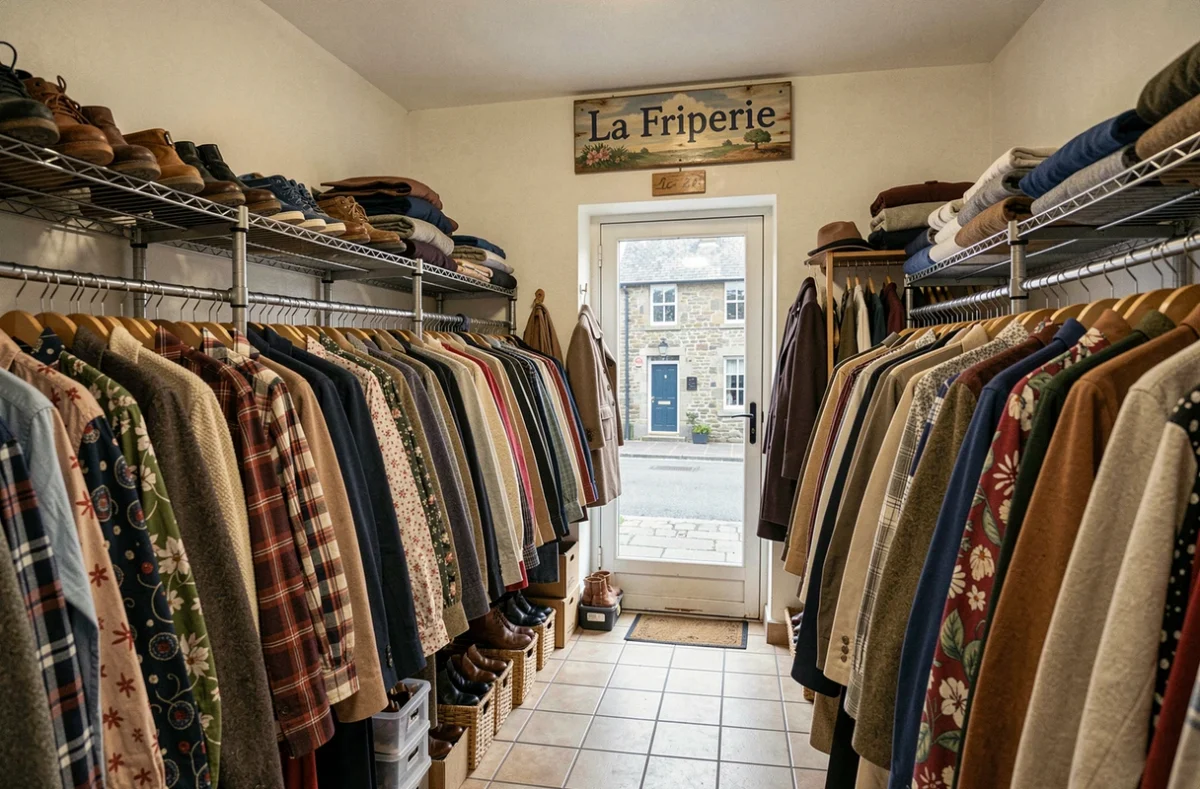 Intérieur de La Friperie en Finistère avec des racks circulaires chargés de vêtements d'occasion variés dans un cadre simple et accueillant