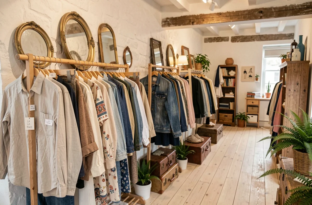 Boutique La Pince en Finistère avec des vêtements vintage soigneusement organisés et une décoration brocante chaleureuse