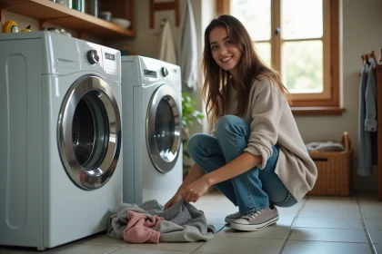 Jeune femme en linge de maison avec baskets et lessive