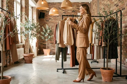 Femme portant un costume à carreaux caramel style vintage mélangé aux tendances 2026 dans une boutique concept parisienne