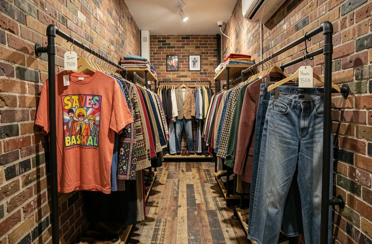 Intérieur de la boutique Mad Vintage avec des vêtements rétro des années 70 et 80 soigneusement disposés sur des rails industriels