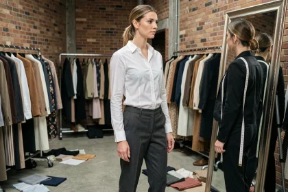 Mannequin grande taille en coulisses d'un défilé de mode regardant son reflet dans un miroir entier