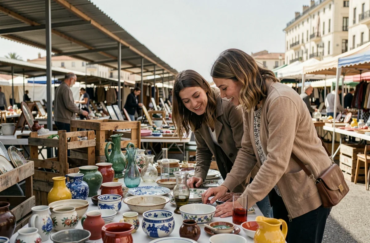 Deux femmes inspectant des céramiques anciennes et des objets vintage sur les étals du marché aux puces de Marseille Cap Pinède