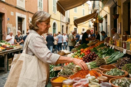 Femme parcourant un étal de marché coloré dans le quartier Noailles à Marseille, avec des épices et légumes frais exposés sur des tables en bois