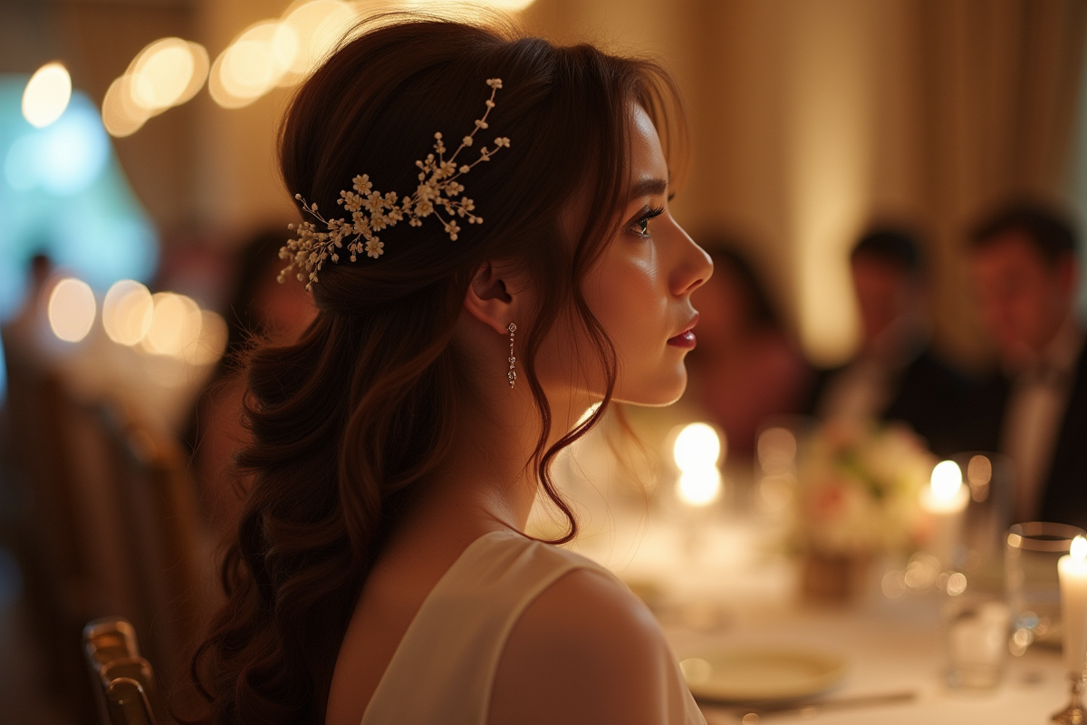 Invité de mariage avec cheveux ondules et accessoires délicats