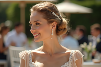 Invité de mariage élégant avec coiffure sophistiquée en extérieur