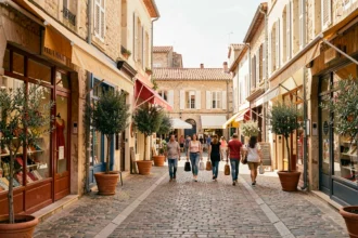 Vue d'une rue commerçante animée dans le Gard avec des boutiques de vêtements aux façades en pierre