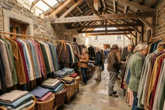 Vue d'ensemble d'une friperie animée en Finistère avec des racks de vêtements vintage colorés et des clients qui fouillent les articles