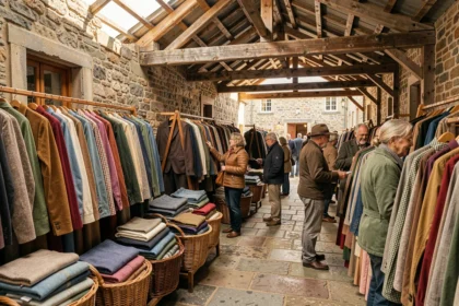Vue d'ensemble d'une friperie animée en Finistère avec des racks de vêtements vintage colorés et des clients qui fouillent les articles