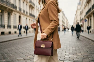 Femme élégante portant un mini sac à main en cuir bordeaux avec une veste camel dans une rue parisienne pavée, tendance mode sacs 2026